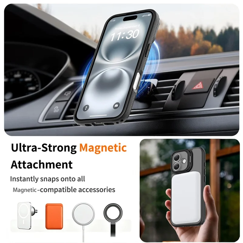 For iPhone 17 Magnetic Case Camera Lens Frame Kickstand PC + TPU Phone Cover - Black