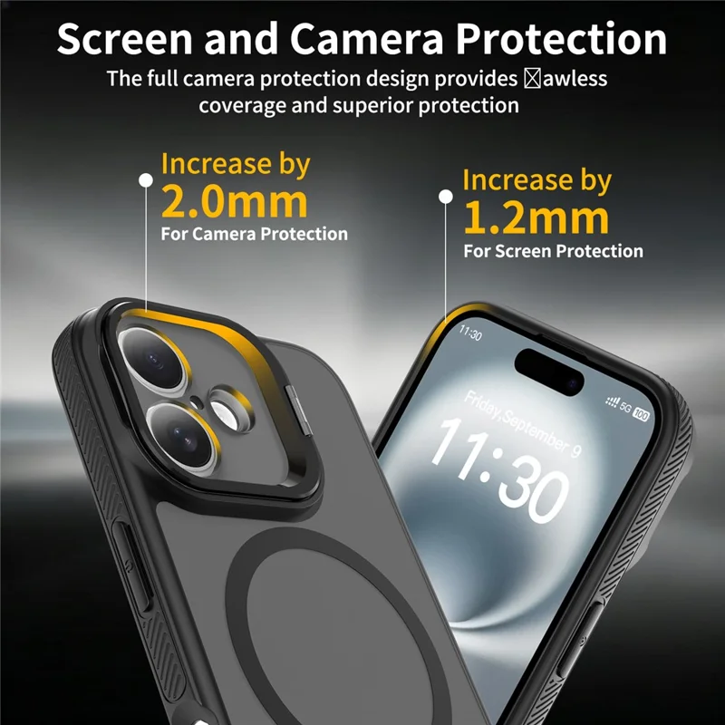 For iPhone 16 Plus Magnetic Case Camera Lens Frame Kickstand PC + TPU Phone Cover - Black