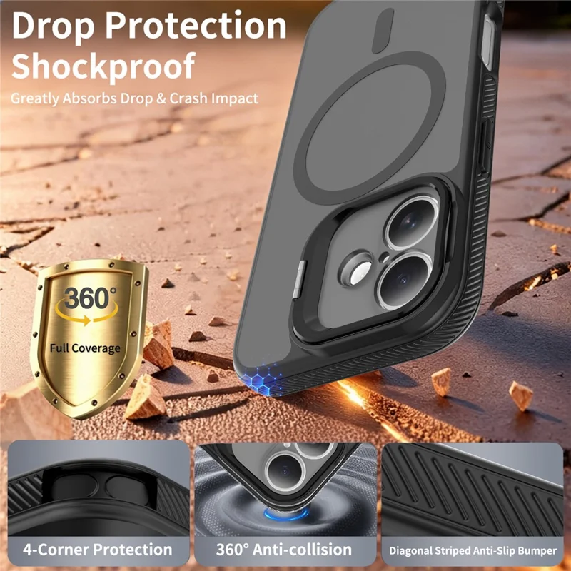 For iPhone 16 Plus Magnetic Case Camera Lens Frame Kickstand PC + TPU Phone Cover - Black