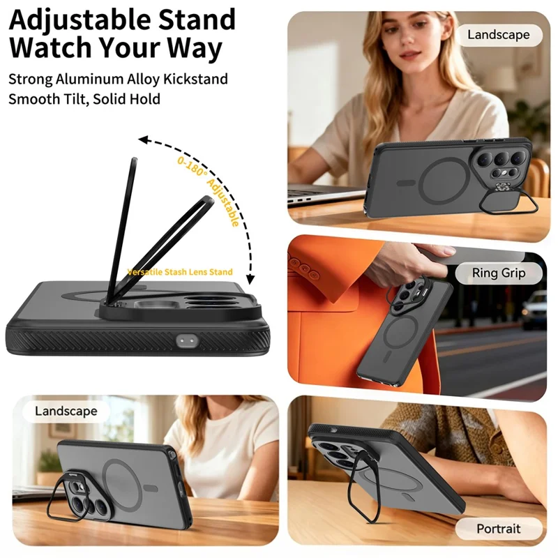 For Samsung Galaxy S26 Ultra Magnetic Case Camera Lens Frame Kickstand PC + TPU Phone Cover - Black