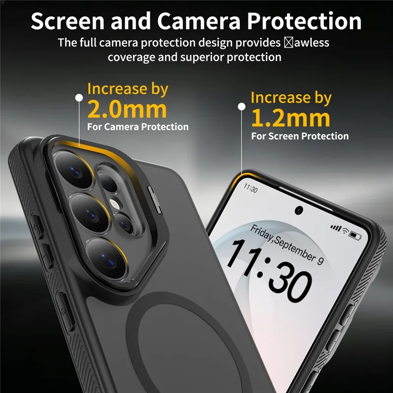 For Samsung Galaxy S26 Ultra Magnetic Case Camera Lens Frame Kickstand PC + TPU Phone Cover - Black