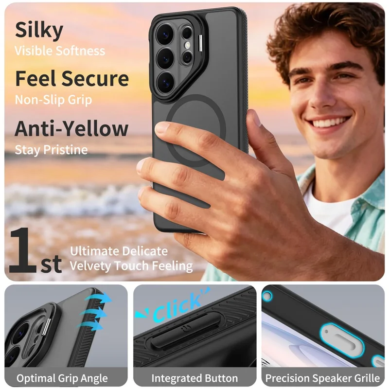 For Samsung Galaxy S26 Ultra Magnetic Case Camera Lens Frame Kickstand PC + TPU Phone Cover - Black