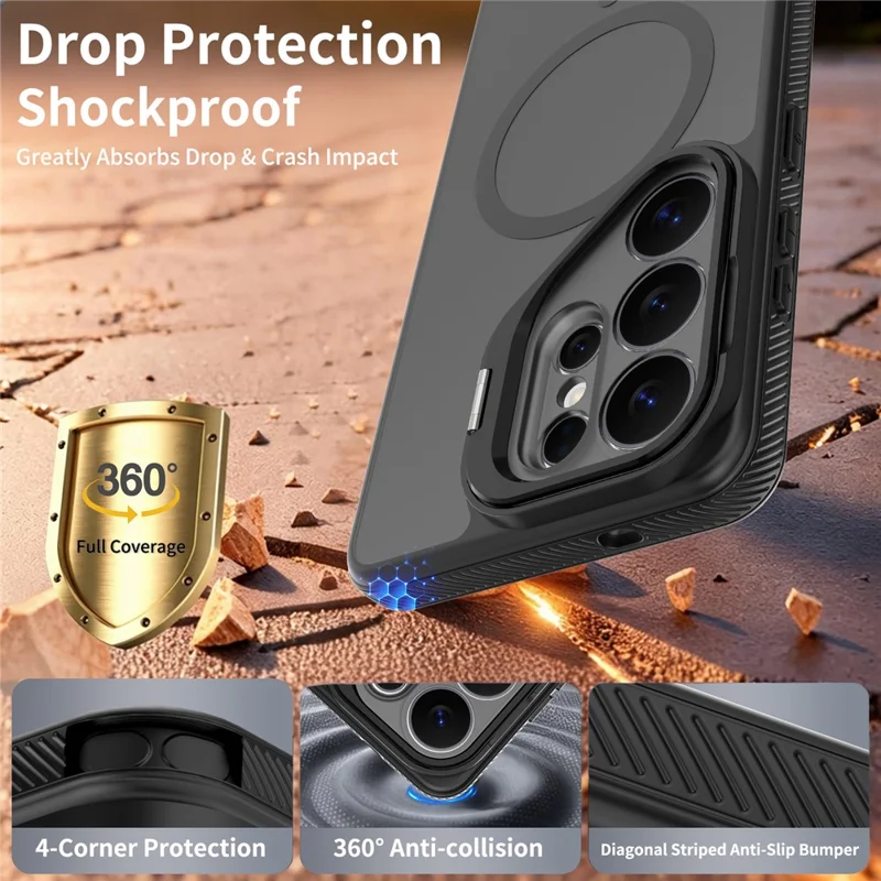 For Samsung Galaxy S26 Ultra Magnetic Case Camera Lens Frame Kickstand PC + TPU Phone Cover - Black