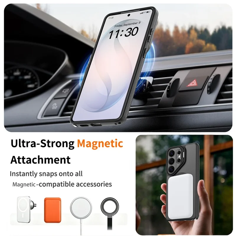 For Samsung Galaxy S26 Ultra Magnetic Case Camera Lens Frame Kickstand PC + TPU Phone Cover - Black