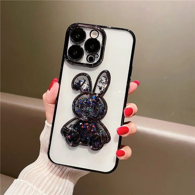 For iPhone 12 Pro Max 6.7 inch Lovely Quicksand Rabbit Design Bump Proof Back Case Electroplating TPU Cover with Tempered Glass Lens Film - Black