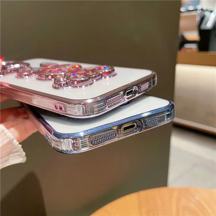 For iPhone 12 Pro Max 6.7 inch Lovely Quicksand Rabbit Design Bump Proof Back Case Electroplating TPU Cover with Tempered Glass Lens Film - Black