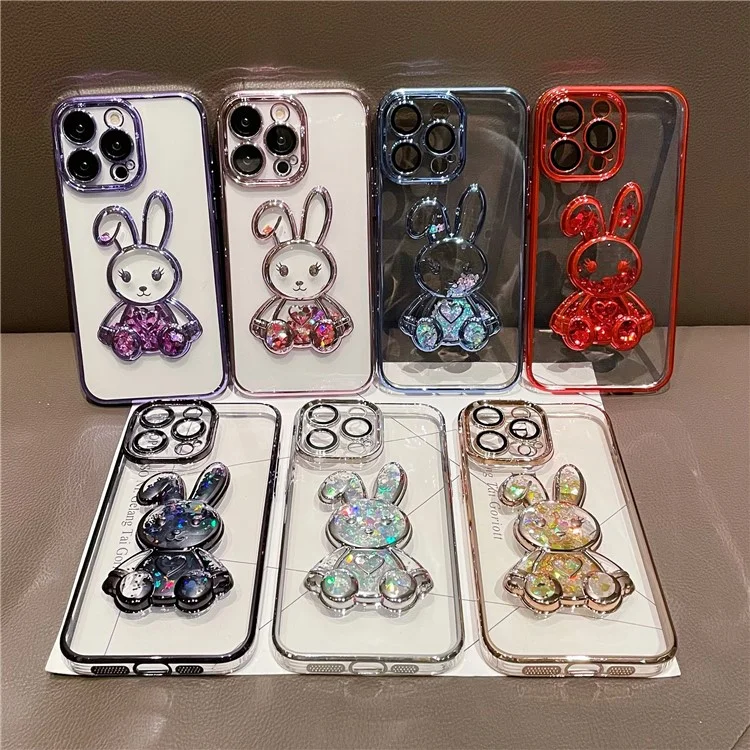 For iPhone 12 Pro Max 6.7 inch Lovely Quicksand Rabbit Design Bump Proof Back Case Electroplating TPU Cover with Tempered Glass Lens Film - Black