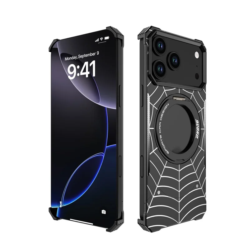DYONG  for iPhone 18 Pro Max / 17 Pro Max Frameless Case Magnetic Rotating Kickstand Spider Web Pattern Phone Cover - Black