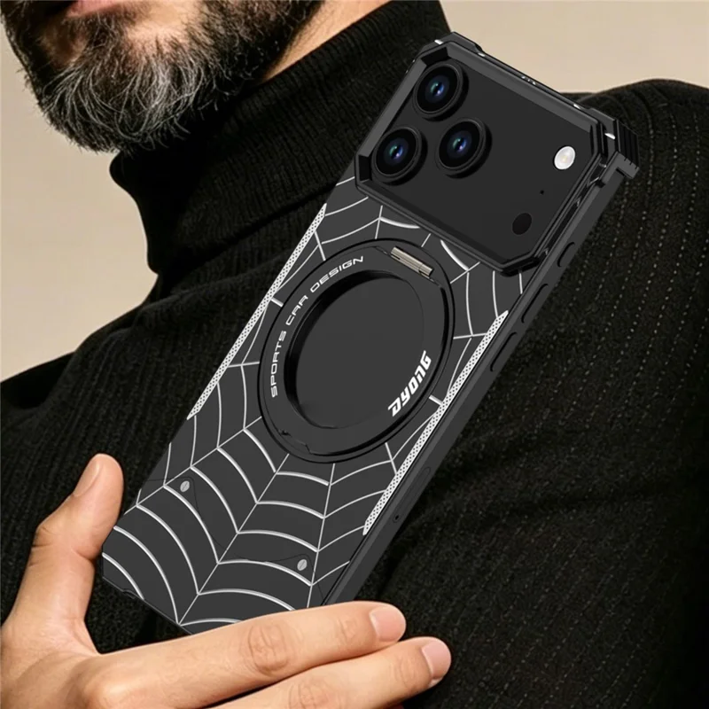 DYONG  for iPhone 18 Pro Max / 17 Pro Max Frameless Case Magnetic Rotating Kickstand Spider Web Pattern Phone Cover - Black