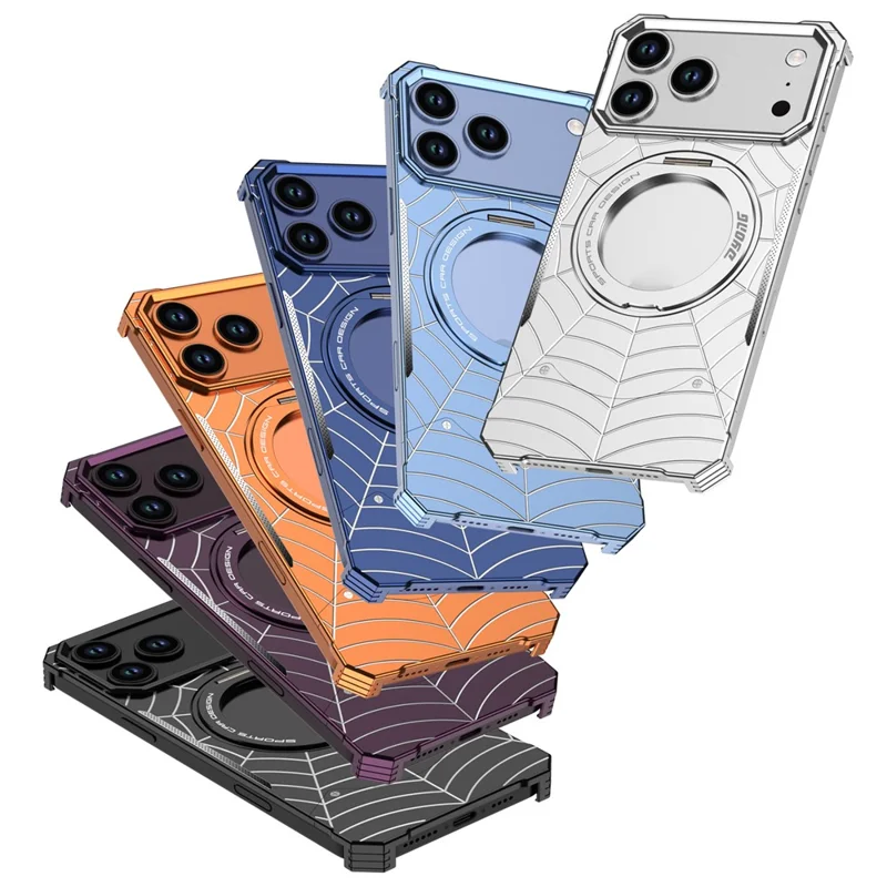 DYONG  for iPhone 18 Pro Max / 17 Pro Max Frameless Case Magnetic Rotating Kickstand Spider Web Pattern Phone Cover - Black