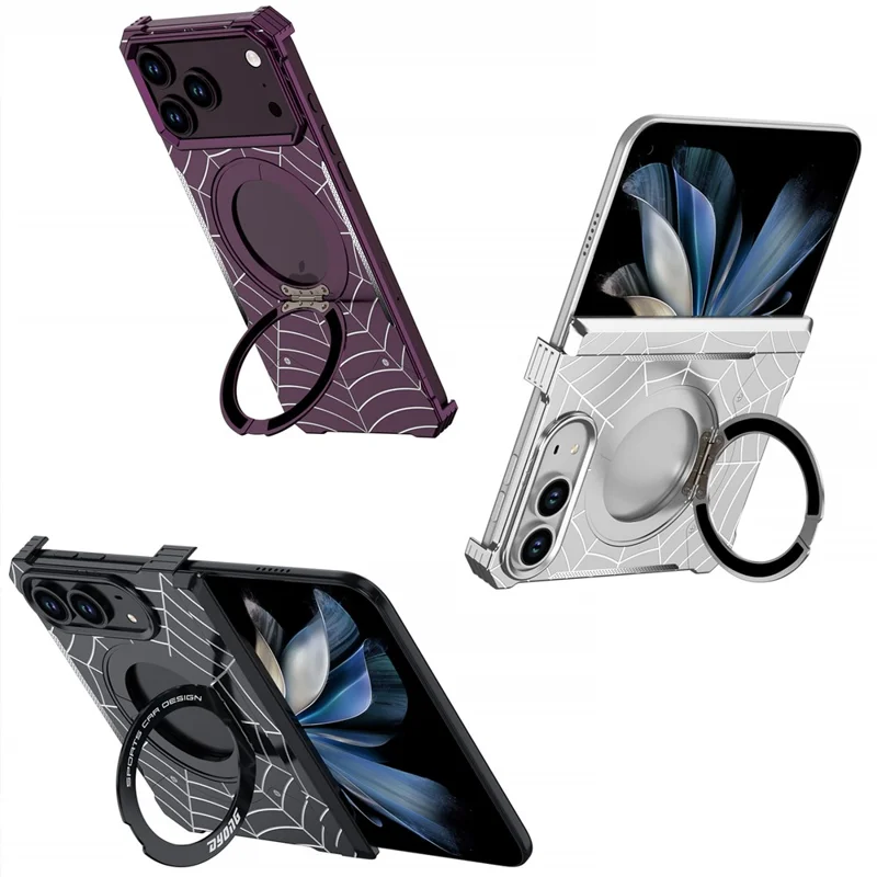 DYONG for iPhone Duo Frameless Case Magnetic Rotating Kickstand Spider Web Pattern Phone Cover - Black