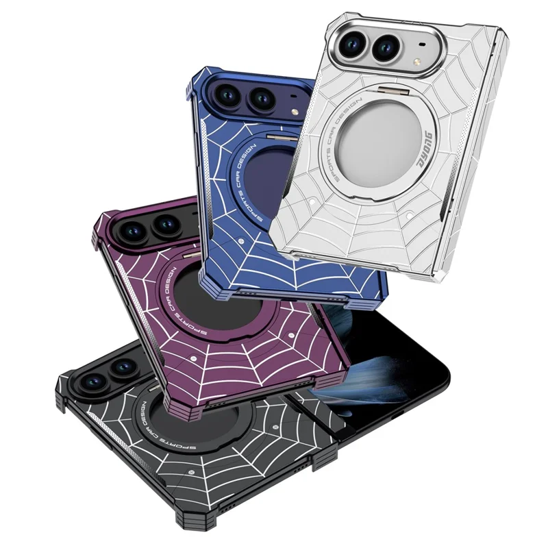 DYONG for iPhone Duo Frameless Case Magnetic Rotating Kickstand Spider Web Pattern Phone Cover - Black