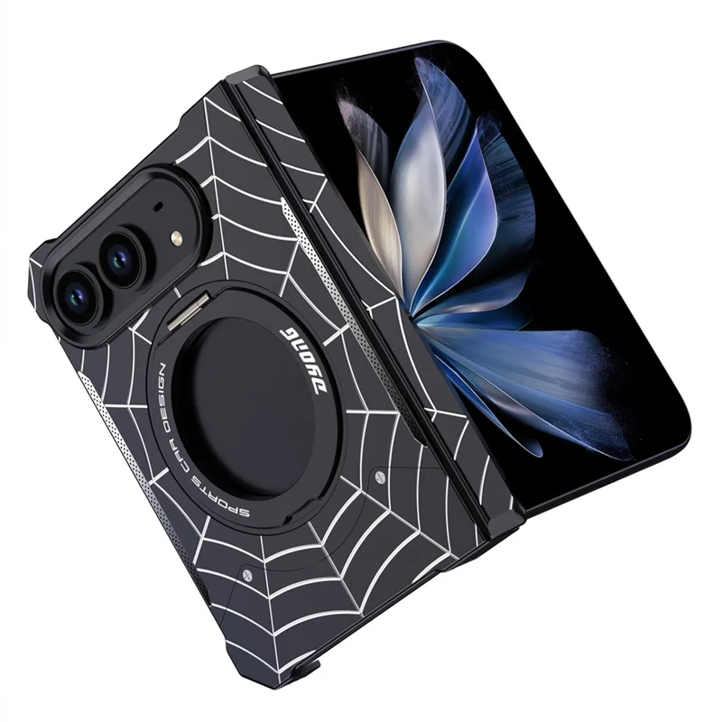 DYONG for iPhone Duo Frameless Case Magnetic Rotating Kickstand Spider Web Pattern Phone Cover - Black