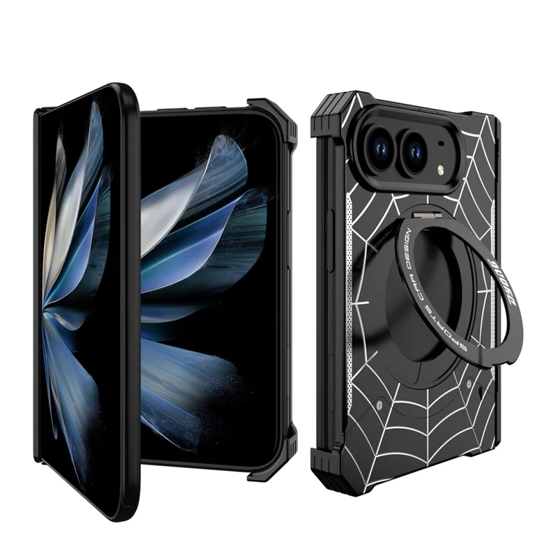 DYONG for iPhone Duo Frameless Case Magnetic Rotating Kickstand Spider Web Pattern Phone Cover - Black