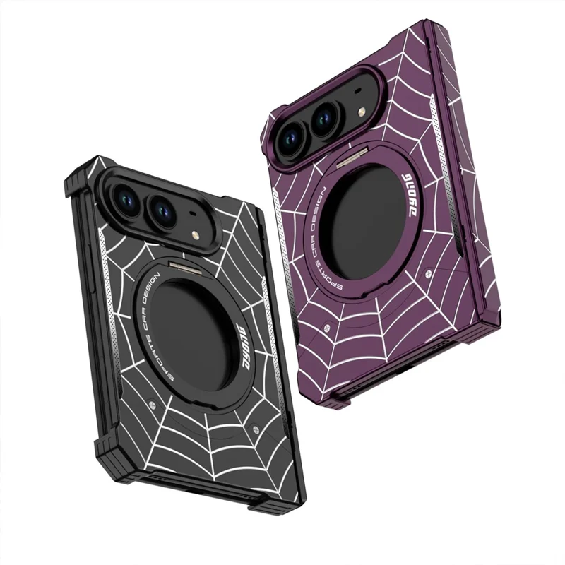 DYONG for iPhone Duo Frameless Case Magnetic Rotating Kickstand Spider Web Pattern Phone Cover - Black