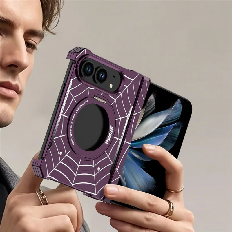 DYONG for iPhone Duo Frameless Case Magnetic Rotating Kickstand Spider Web Pattern Phone Cover - Black