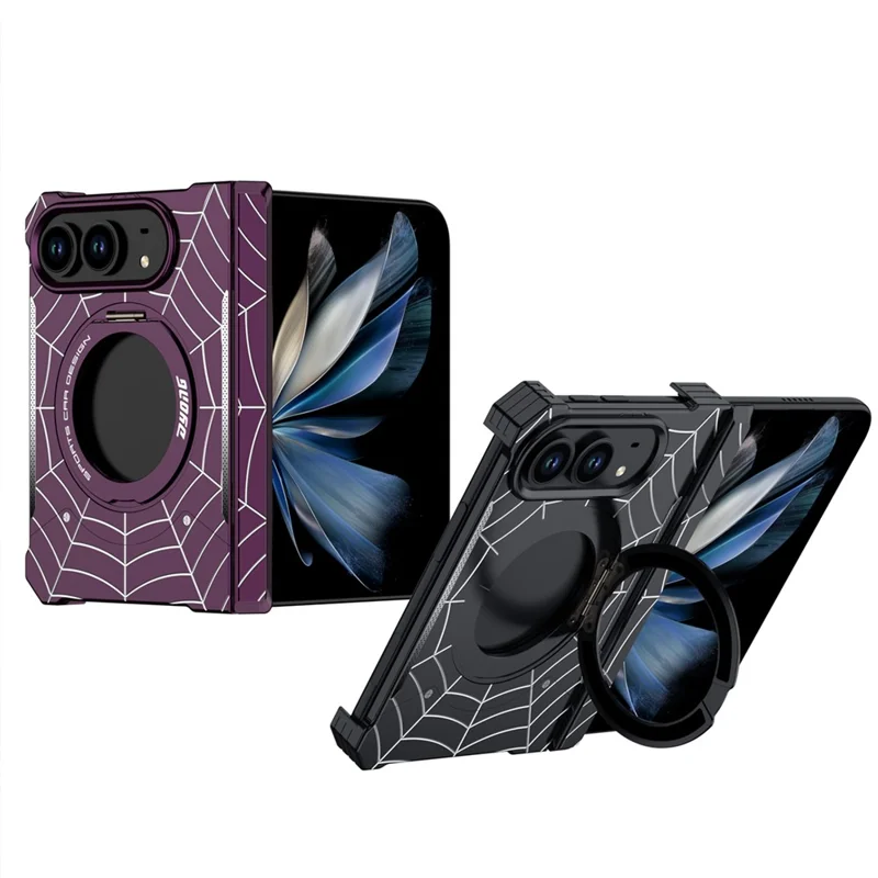 DYONG for iPhone Duo Frameless Case Magnetic Rotating Kickstand Spider Web Pattern Phone Cover - Black