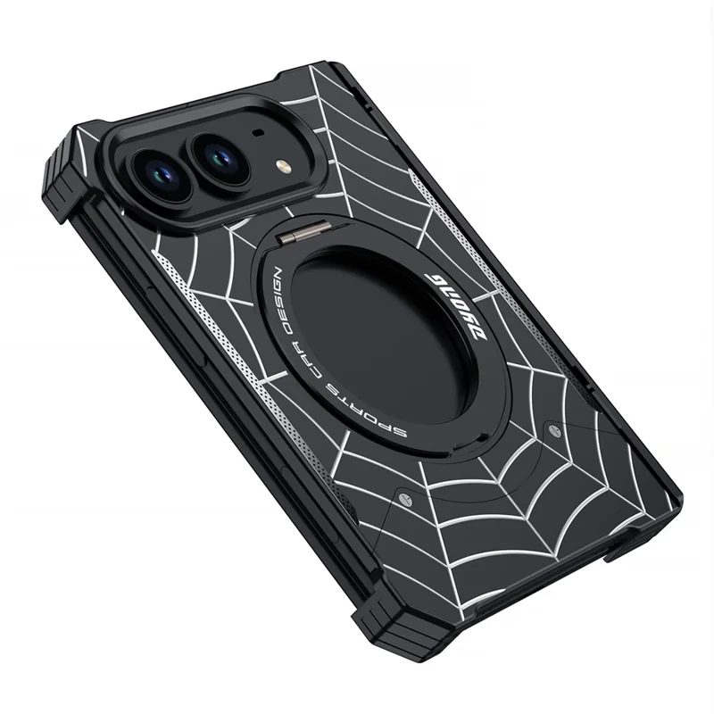 DYONG for iPhone Duo Frameless Case Magnetic Rotating Kickstand Spider Web Pattern Phone Cover - Black