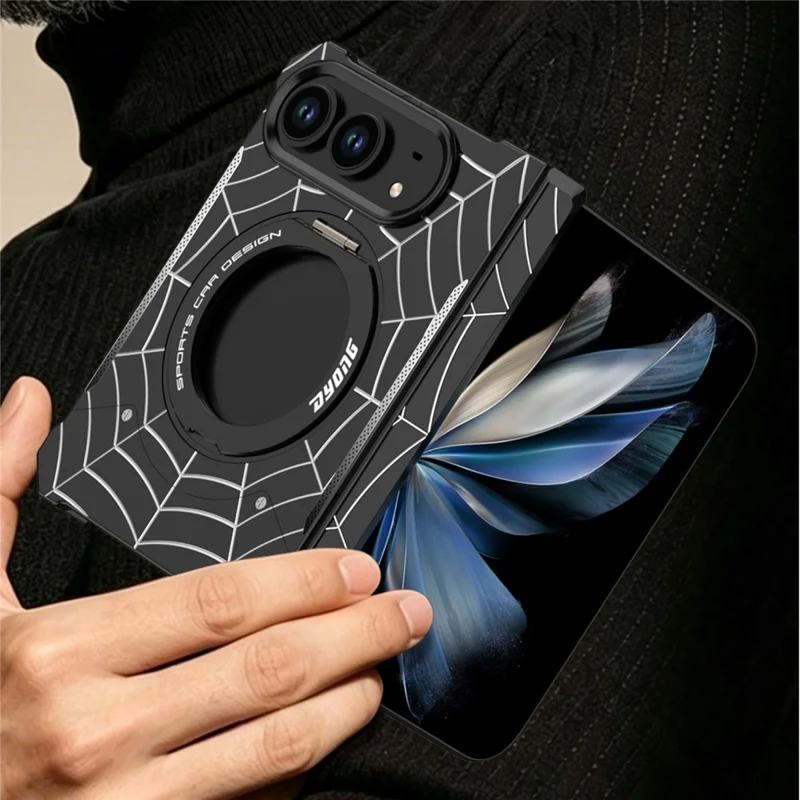 DYONG for iPhone Duo Frameless Case Magnetic Rotating Kickstand Spider Web Pattern Phone Cover - Black