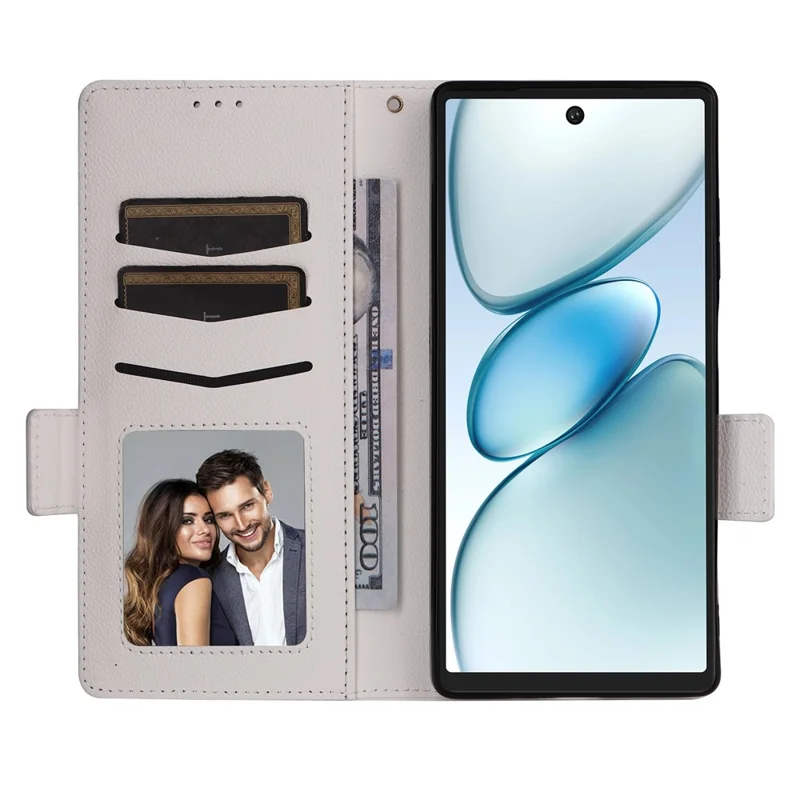 For Oukitel C66 Case Litchi Texture Wallet Leather Phone Cover with Wrist Strap - White