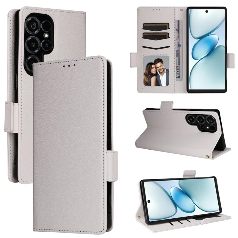 For Oukitel C66 Case Litchi Texture Wallet Leather Phone Cover with Wrist Strap - White
