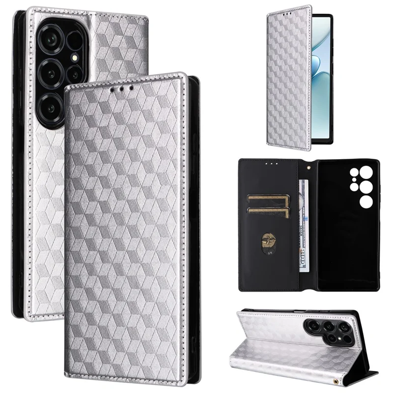For Oukitel C66 Case Wallet Rhombus Imprinted PU Leather Phone Cover - Silver