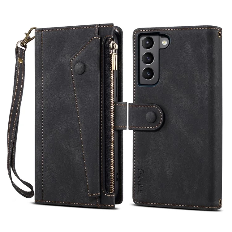 Eseble Star Series Flip Leather Wallet Case Pour Samsung Galaxy S23, Cuir PU Leather Multi-fonctionnelles de Poche à Fermeture Éclair à Glissière Couverture de Téléphone Portable Étalant Avec Sangle à Main - le Noir