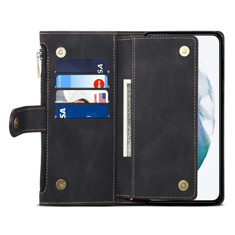 Eseble Star Series Flip Leather Wallet Case Pour Samsung Galaxy S23, Cuir PU Leather Multi-fonctionnelles de Poche à Fermeture Éclair à Glissière Couverture de Téléphone Portable Étalant Avec Sangle à Main - le Noir
