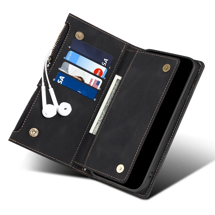 Eseble Star Series Flip Leather Wallet Case Pour Samsung Galaxy S23, Cuir PU Leather Multi-fonctionnelles de Poche à Fermeture Éclair à Glissière Couverture de Téléphone Portable Étalant Avec Sangle à Main - le Noir