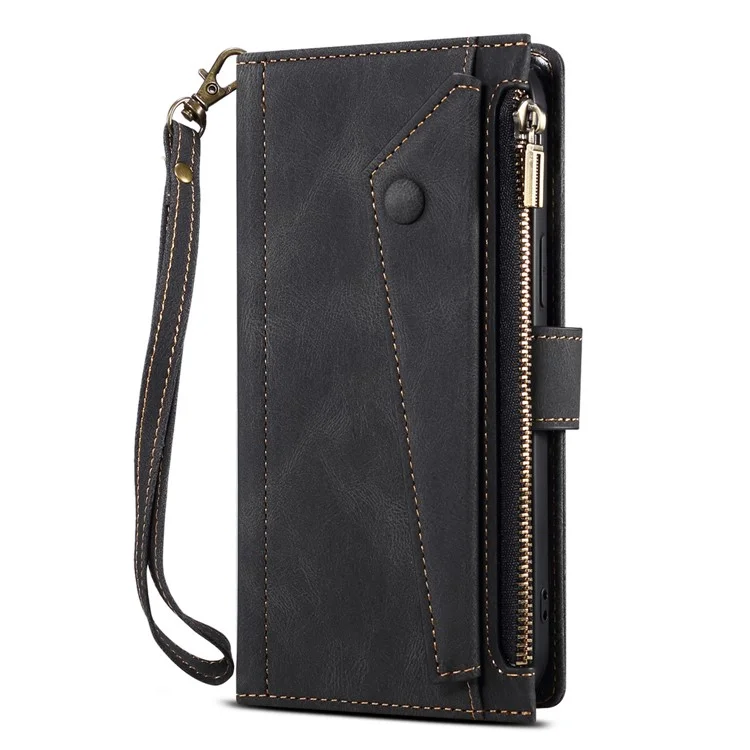 Eseble Star Series Flip Leather Wallet Case Pour Samsung Galaxy S23, Cuir PU Leather Multi-fonctionnelles de Poche à Fermeture Éclair à Glissière Couverture de Téléphone Portable Étalant Avec Sangle à Main - le Noir