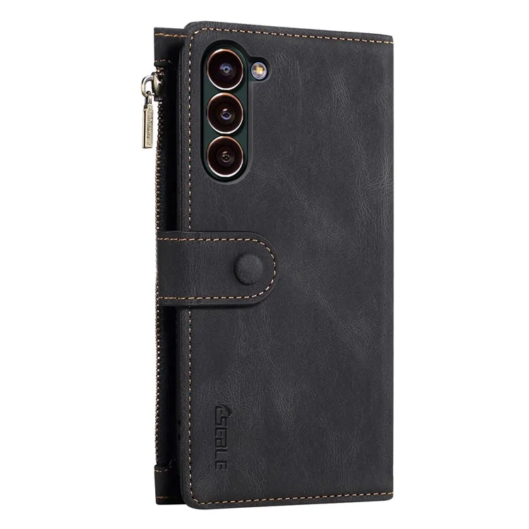 Eseble Star Series Flip Leather Wallet Case Pour Samsung Galaxy S23, Cuir PU Leather Multi-fonctionnelles de Poche à Fermeture Éclair à Glissière Couverture de Téléphone Portable Étalant Avec Sangle à Main - le Noir