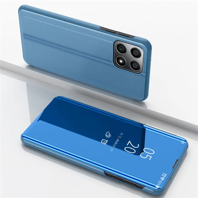 For Honor X8 5G / X6 / 70 Lite Vista de ventana Funda de piel sintética Soporte de manos libres Espejo Electrochapado Funda protectora del teléfono - Azul