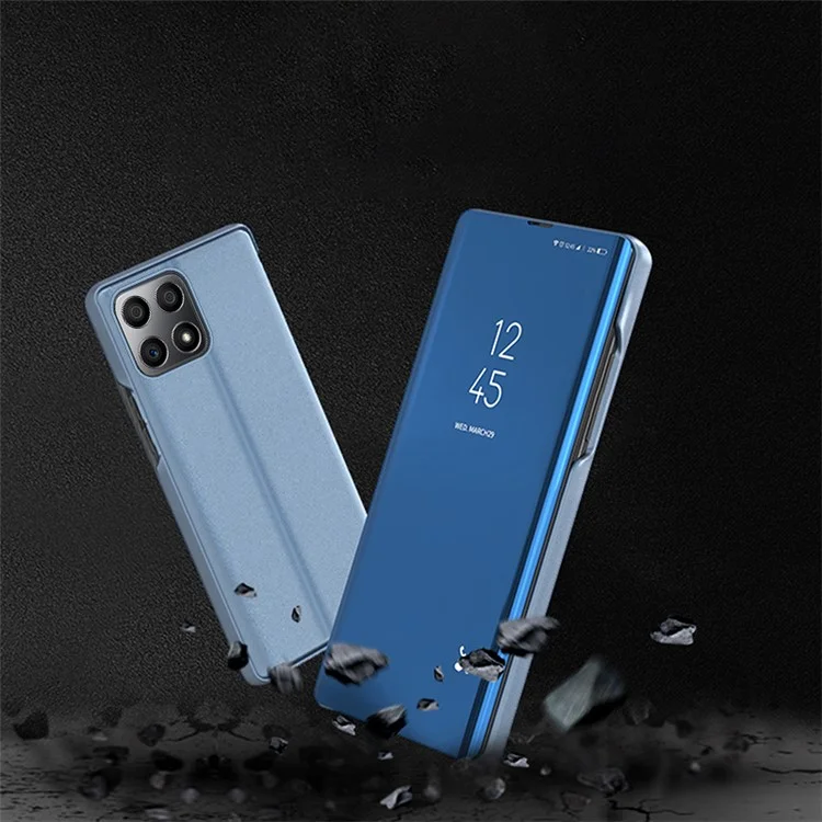 For Honor X8 5G / X6 / 70 Lite Vista de ventana Funda de piel sintética Soporte de manos libres Espejo Electrochapado Funda protectora del teléfono - Azul