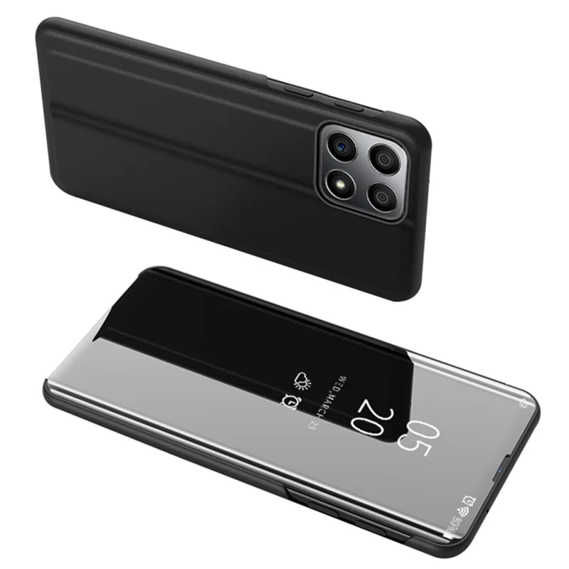 For Honor X8 5G / X6 / 70 Lite View Window PU Leather Case Hands-free Stand Mirror Electroplating Phone Cover Protector - Black