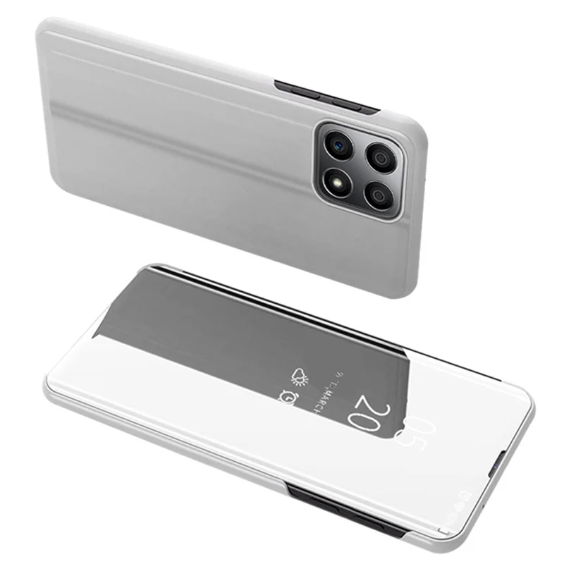 For Honor X8 5G / X6 / 70 Lite View Window PU Leather Case Hands-free Stand Mirror Electroplating Phone Cover Protector - Silver