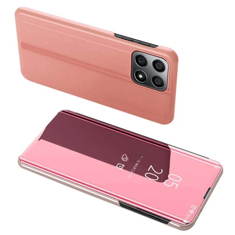 For Honor X8 5G / X6 / 70 Lite View Window PU Leather Case Hands-free Stand Mirror Electroplating Phone Cover Protector - Rose Gold