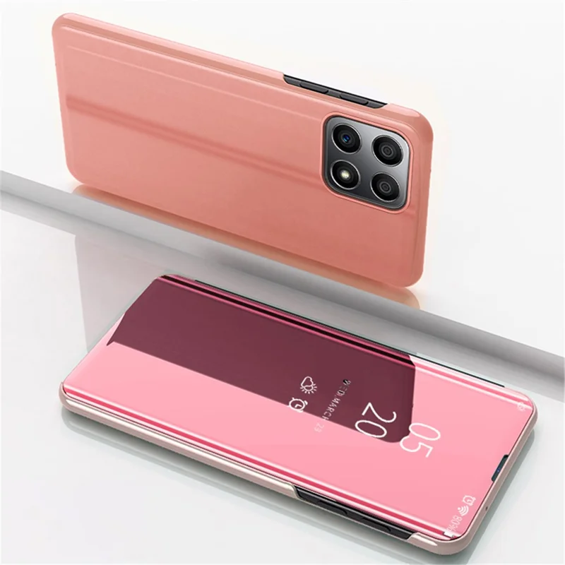 For Honor X8 5G / X6 / 70 Lite View Window PU Leather Case Hands-free Stand Mirror Electroplating Phone Cover Protector - Rose Gold