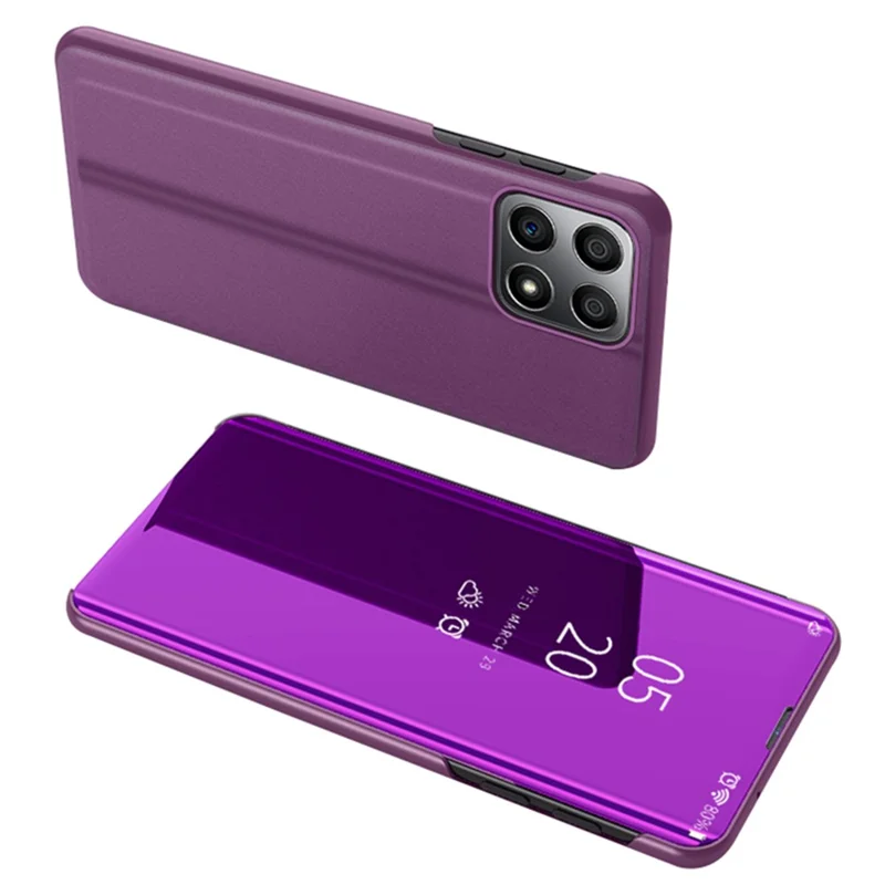 For Honor X8 5G / X6 / 70 Lite View Window PU Leather Case Hands-free Stand Mirror Electroplating Phone Cover Protector - Purple
