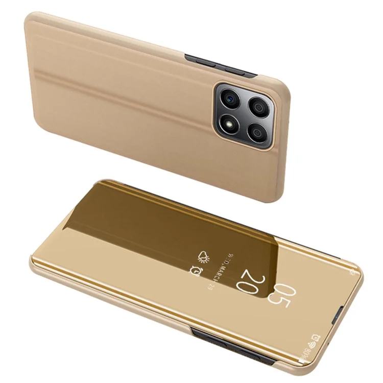 For Honor X8 5G / X6 / 70 Lite View Window PU Leather Case Hands-free Stand Mirror Electroplating Phone Cover Protector - Gold