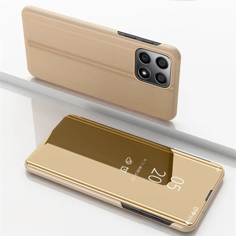 For Honor X8 5G / X6 / 70 Lite View Window PU Leather Case Hands-free Stand Mirror Electroplating Phone Cover Protector - Gold