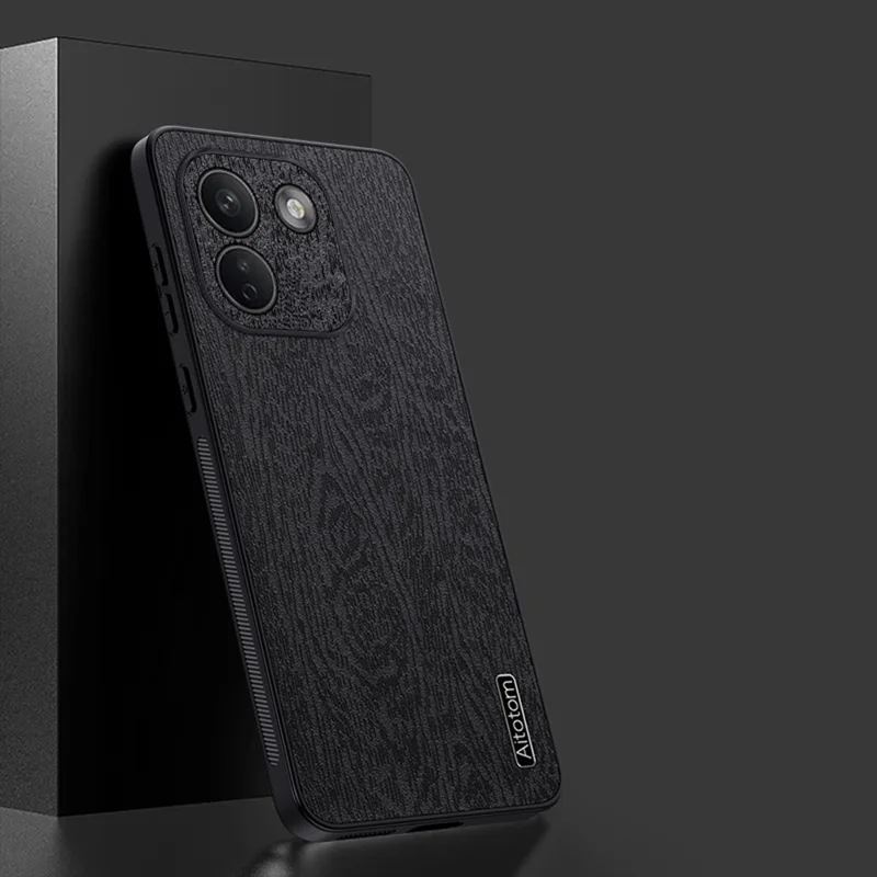 For Xiaomi Redmi Note 17 Pro Max 5G Case Wood Texture PU Leather Coated PC TPU Phone Cover - Black