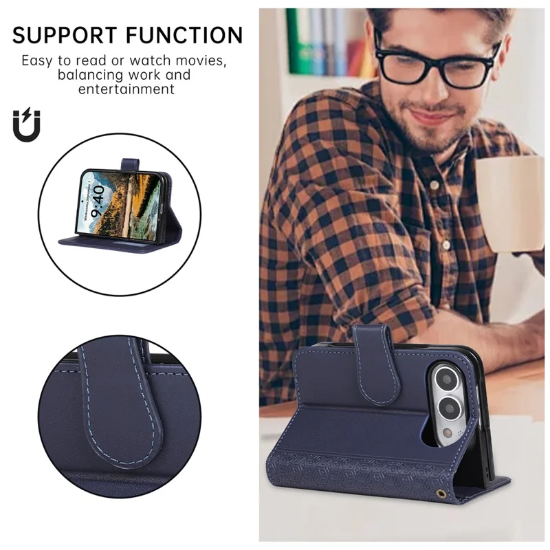 For iPhone Duo Case Imprinted Rhombus Leather Wallet Phone Cover with Wrist Strap - Blue
