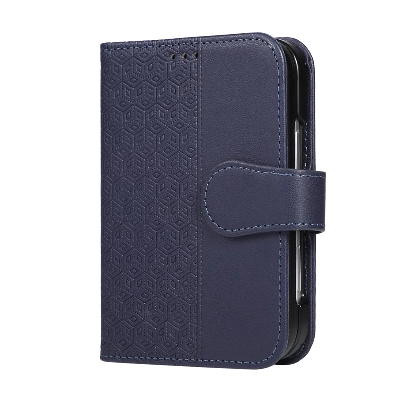 For iPhone Duo Case Imprinted Rhombus Leather Wallet Phone Cover with Wrist Strap - Blue