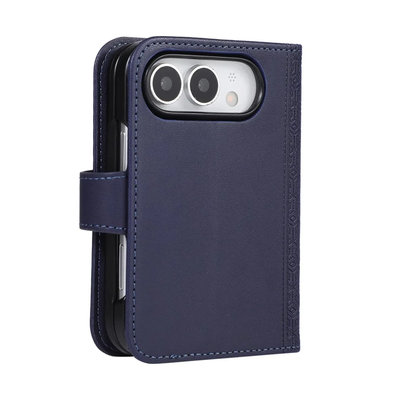For iPhone Duo Case Imprinted Rhombus Leather Wallet Phone Cover with Wrist Strap - Blue