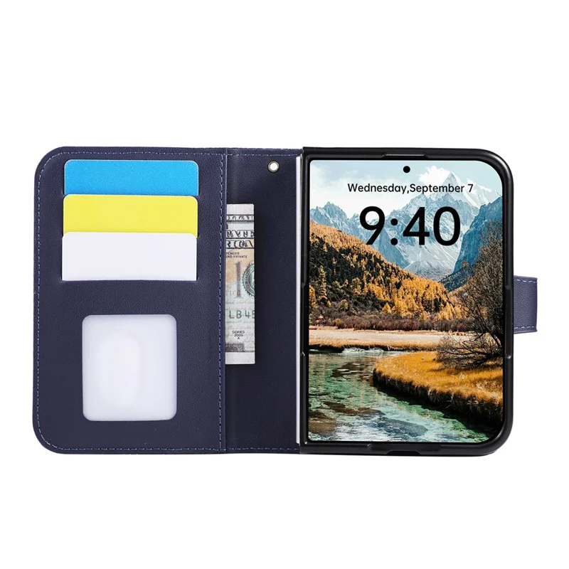 For iPhone Duo Case Imprinted Rhombus Leather Wallet Phone Cover with Wrist Strap - Blue