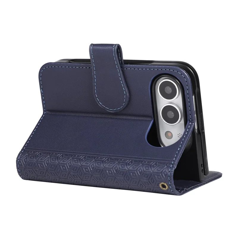 For iPhone Duo Case Imprinted Rhombus Leather Wallet Phone Cover with Wrist Strap - Blue