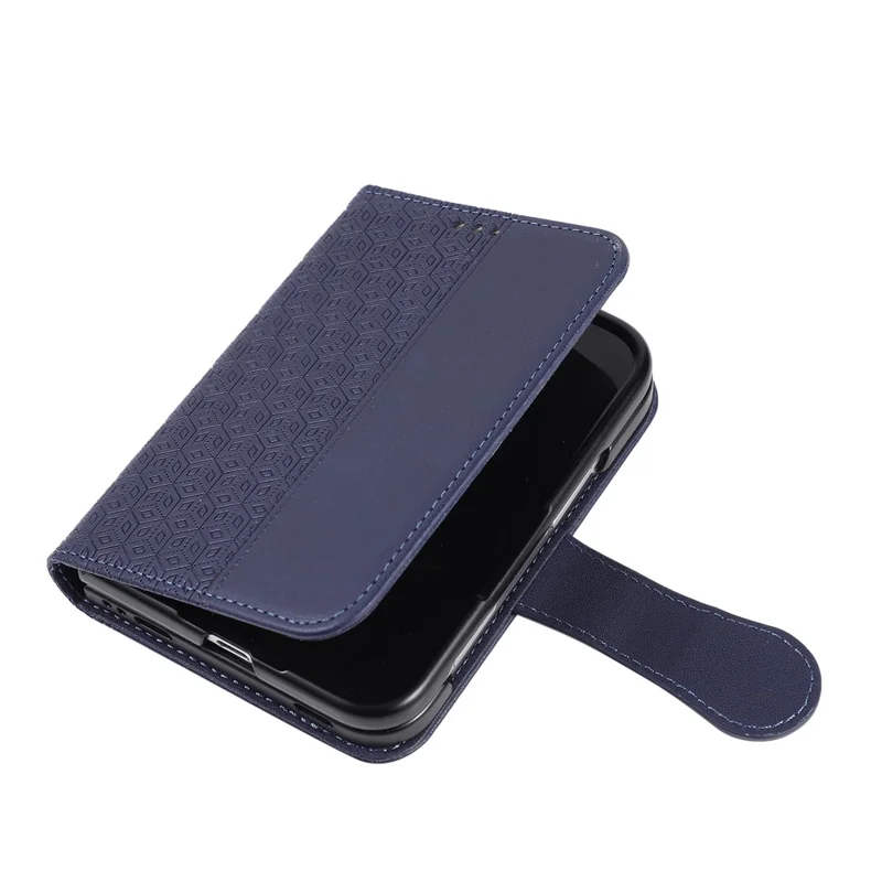 For iPhone Duo Case Imprinted Rhombus Leather Wallet Phone Cover with Wrist Strap - Blue