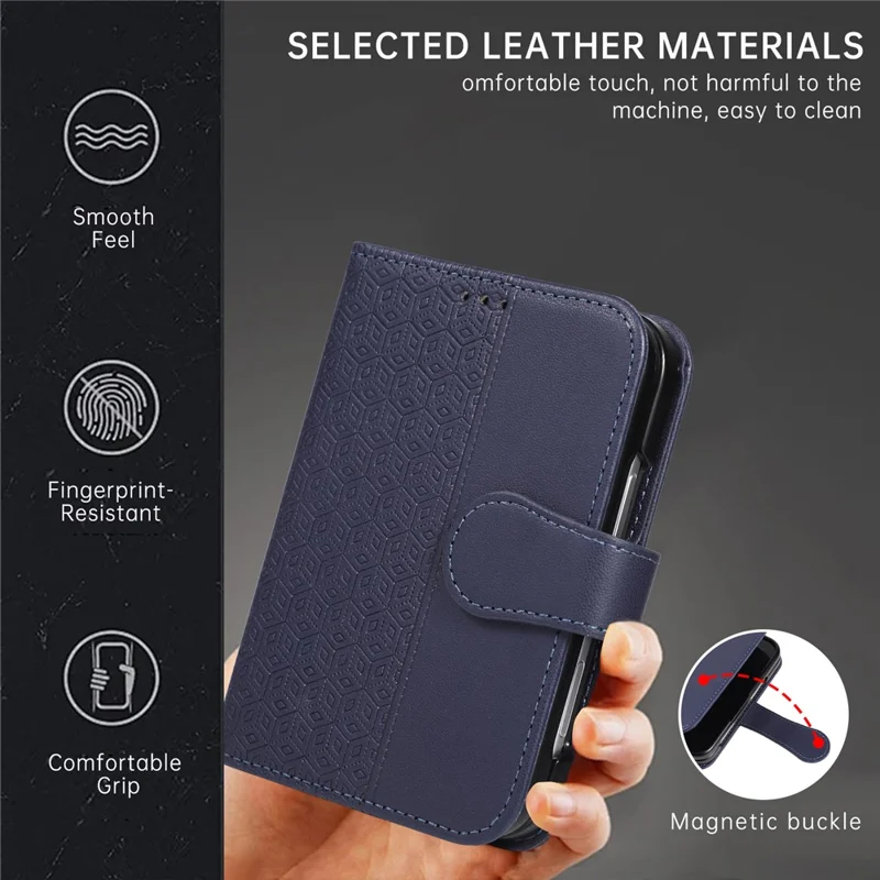 For iPhone Duo Case Imprinted Rhombus Leather Wallet Phone Cover with Wrist Strap - Blue
