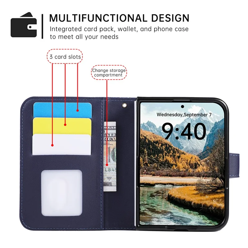 For iPhone Duo Case Imprinted Rhombus Leather Wallet Phone Cover with Wrist Strap - Blue