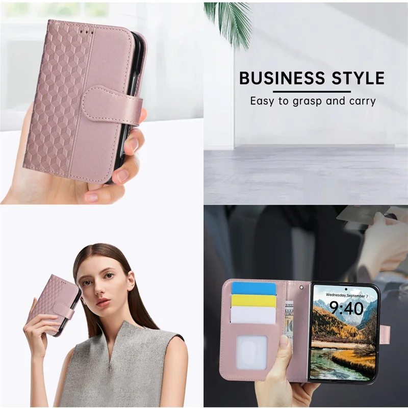 For iPhone Duo Case 3D Rhombus Grid Imprinted Wallet Leather Phone Cover with Wrist Strap - Rose Gold